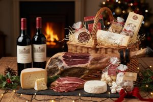 Cesta de Navidad gourmet con jamón ibérico, vino tinto, queso curado y dulces artesanos sobre una mesa rústica decorada con luces.